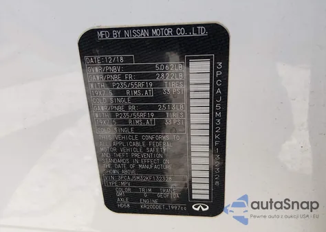 2019 Infiniti Qx50 Luxe z USA, uszkodzony, nr VIN 3PCAJ5M32KF132328